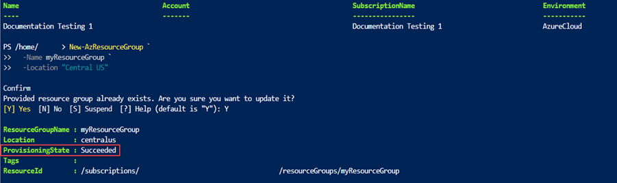 Screenshot dell'output di PowerShell che mostra lo stato di provisioning riuscito della distribuzione.