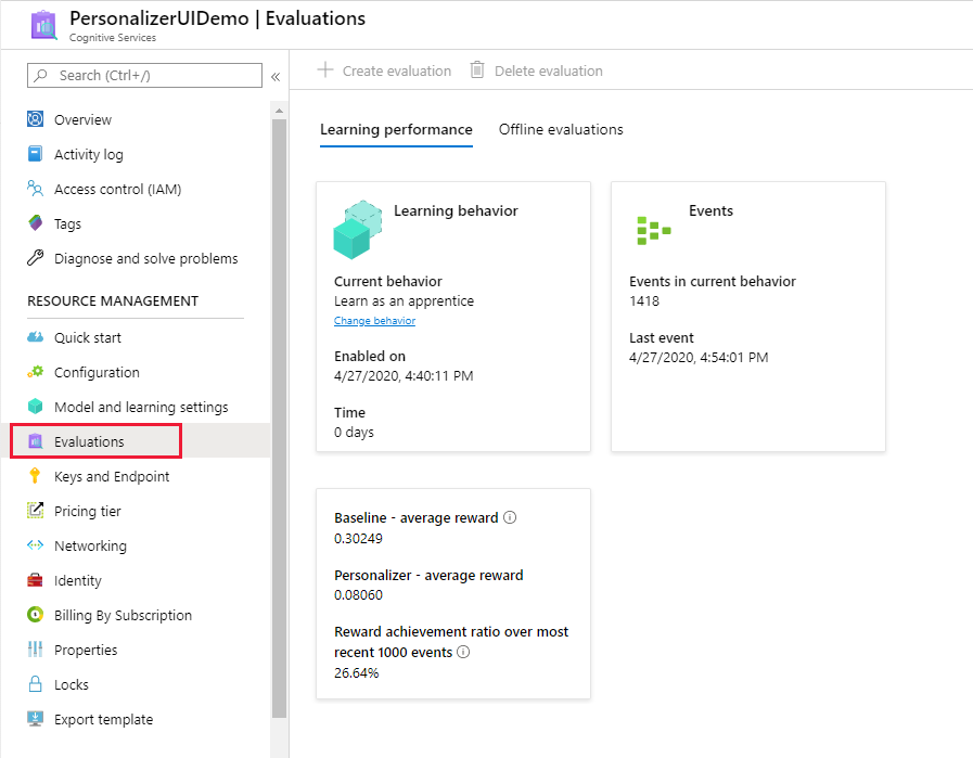 Screenshot della revisione del comportamento di apprendimento in modalità apprendista nel portale di Azure