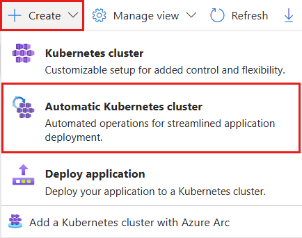 La screenshot del pulsante Crea cluster AKS automatico nel portale di Azure.