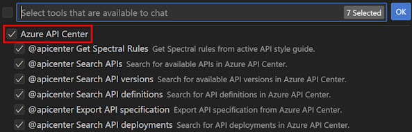 Screenshot della selezione degli strumenti del Centro API in Visual Studio Code.