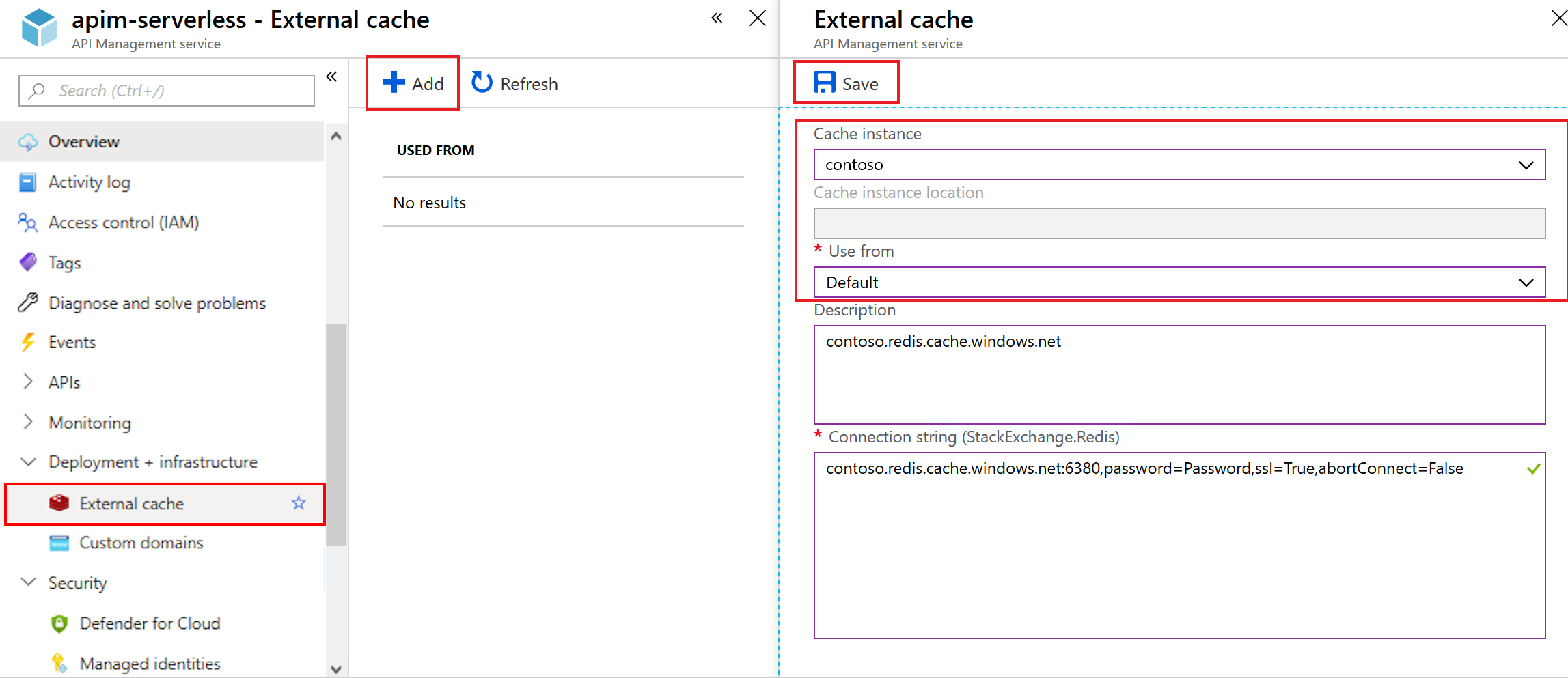 Screenshot che mostra come aggiungere una cache Redis gestita di Azure esterna in Gestione API di Azure.