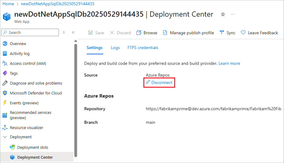 Screenshot che mostra come disconnettere la sincronizzazione delle cartelle cloud con l'app del servizio app nel portale di Azure.