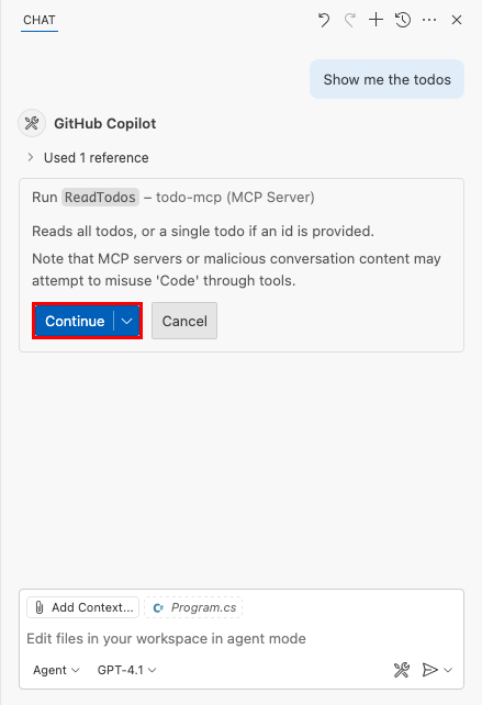 Screenshot che mostra il messaggio di sicurezza predefinito da una chiamata MCP in GitHub Copilot Chat.