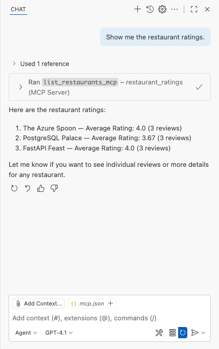 Screenshot che mostra la risposta della chiamata allo strumento MCP nella finestra di GitHub Copilot Chat.