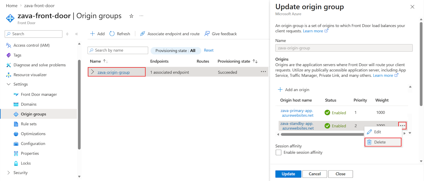 Screenshot che mostra come rimuovere un'origine Frontdoor di Azure.