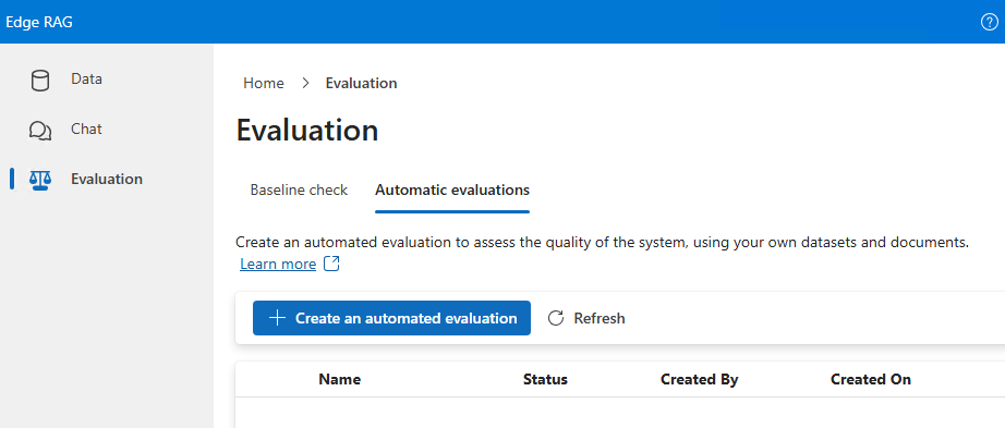 Screenshot della scheda Valutazione automatica nel portale per sviluppatori con le opzioni per la creazione di valutazioni.