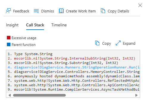 Schermata dell'intestazione dello stack di chiamate nel riquadro dei dettagli per il risultato specifico della CPU precedente.