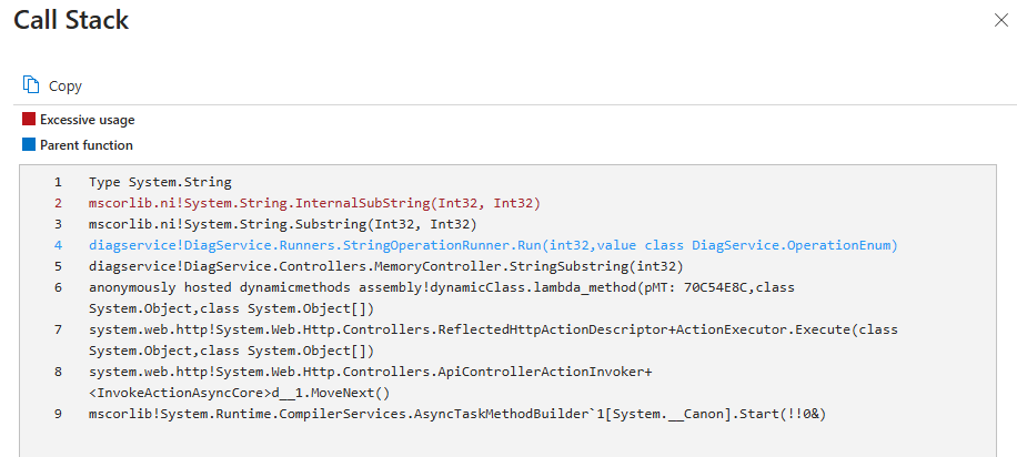 Screenshot dello stack di chiamate espanso per il risultato della CPU specifico riportato in precedenza.