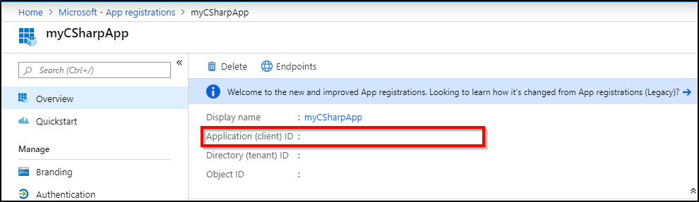 Screenshot del portale di Azure che mostra l'ID app.