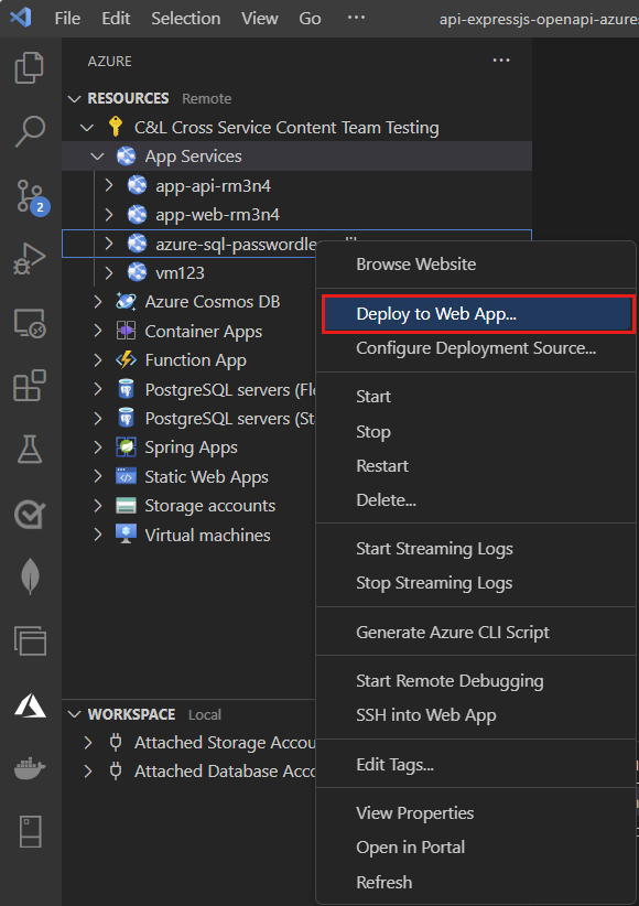 Screenshot di Visual Studio Code in Azure Explorer con l'elemento Distribuzione su app Web evidenziato.