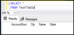Screenshot della scheda Risultati nel Esplora oggetti SSMS che mostra le intestazioni di colonna della tabella AccountNum, City, Name e State.