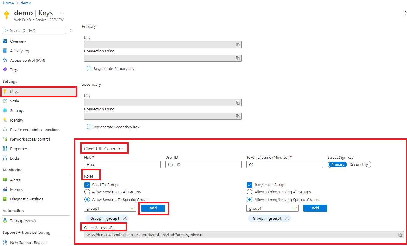 Screenshot che mostra come ottenere l'URL di accesso client nel portale di Azure