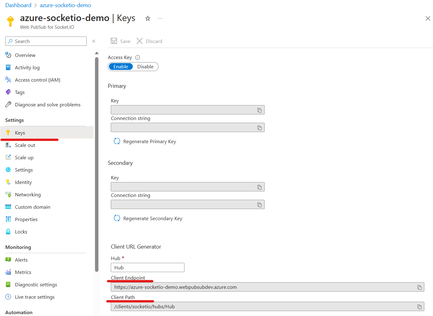 Screenshot del servizio Web PubSub per Socket.IO nel pannello endpoint client portale di Azure.