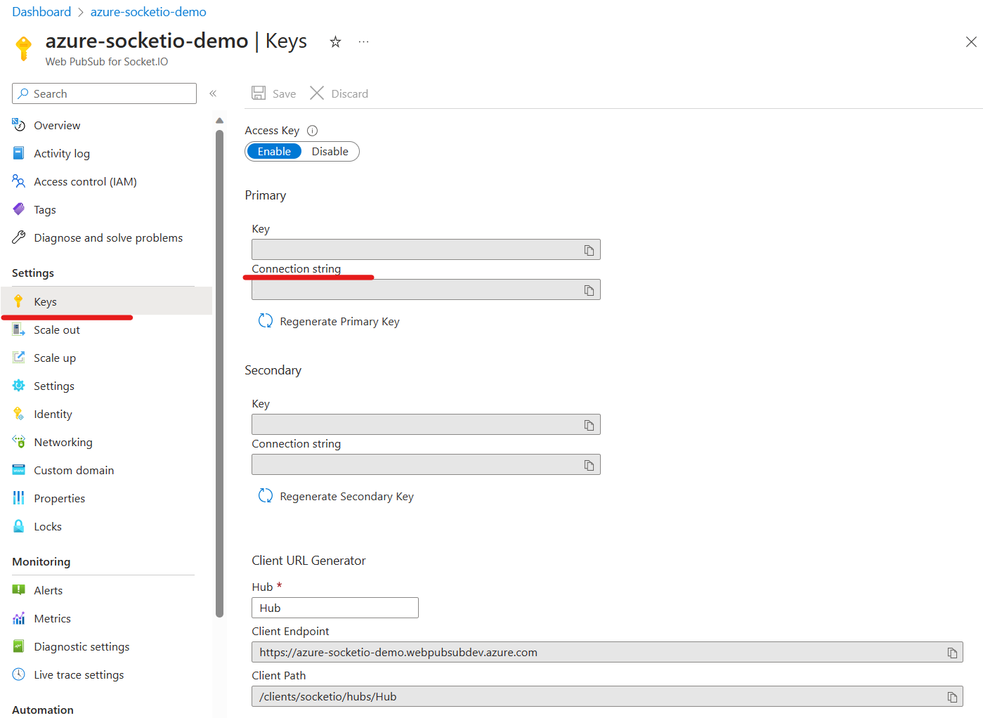 Screenshot del servizio Web PubSub per Socket.IO nel pannello portale di Azure stringa di connessione.