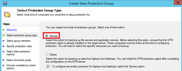 Schermata che mostra come selezionare Tipo di gruppo di protezione - Server.