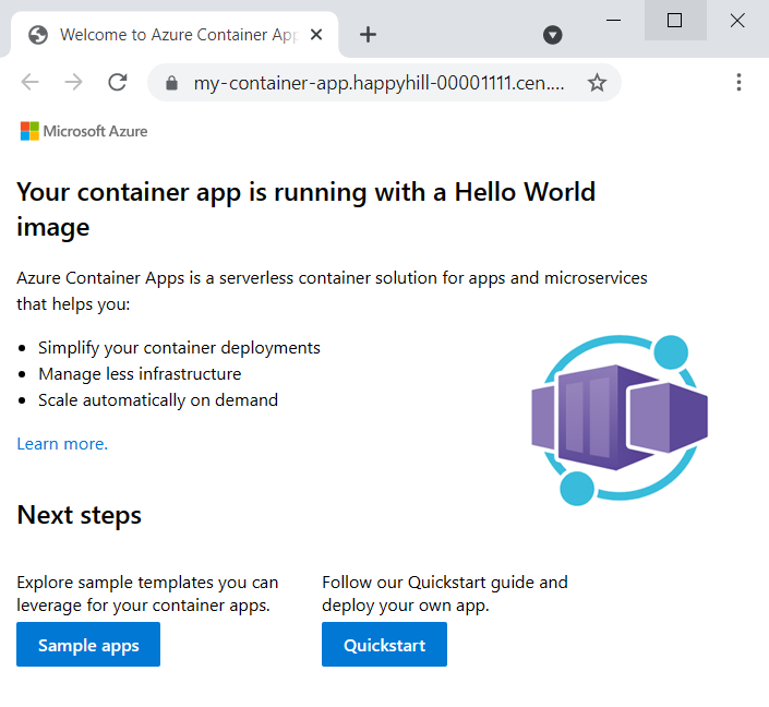 Screenshot della pagina Web dell'app contenitore.