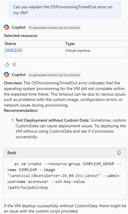 Screenshot di Azure Copilot che illustra un errore di macchina virtuale e come risolverlo.