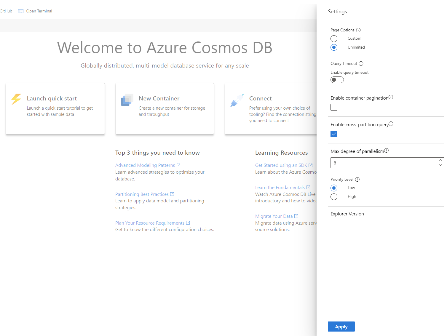 Screenshot dei livelli di priorità in Esplora dati di un account Azure Cosmos DB.