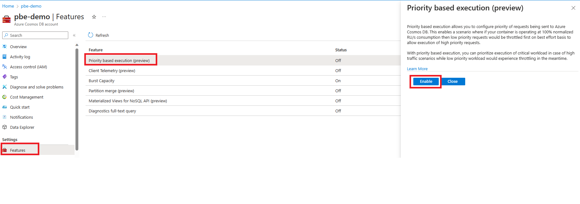 Screenshot della funzionalità di esecuzione basata su priorità nella pagina Funzionalità di un account Azure Cosmos DB.
