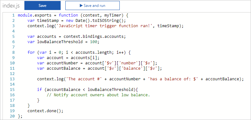 Il file Index.js per un trigger Timer per uno scenario finanziario