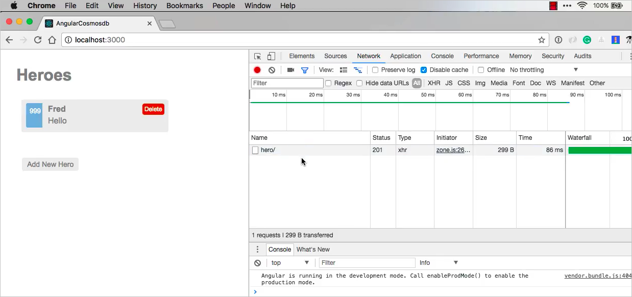 Scheda Networking (Rete) in Chrome che mostra l'attività della rete per le funzioni Get e Post