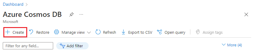 Screenshot che mostra l’opzione Crea per Azure Cosmos DB.