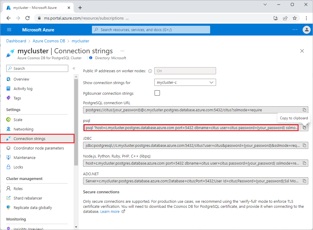 Screenshot che mostra la copia della stringa di connessione psql.