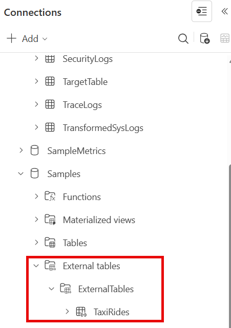Screenshot che mostra una tabella esterna di dati nell'interfaccia utente web di Esplora dati di Azure.