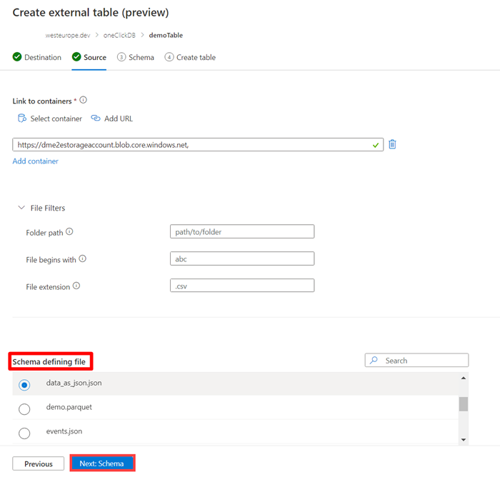 Screenshot della scheda della creazione di una tabella esterna in Azure Data Explorer.