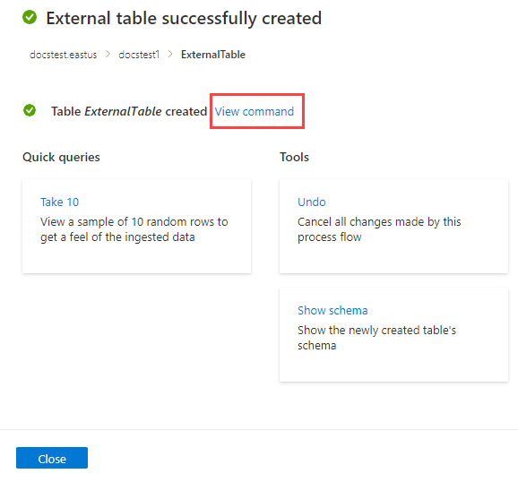Schermata della corretta creazione di una tabella esterna in Azure Data Explorer.