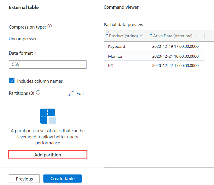Schermata del file di visualizzazione per la tabella esterna in Esplora dati di Azure.
