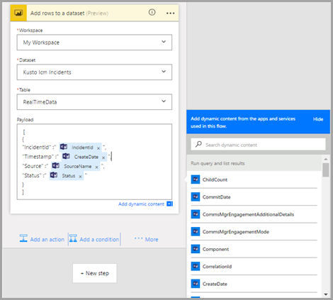 Screenshot dell'azione di Power BI, che mostra i campi dell'azione.