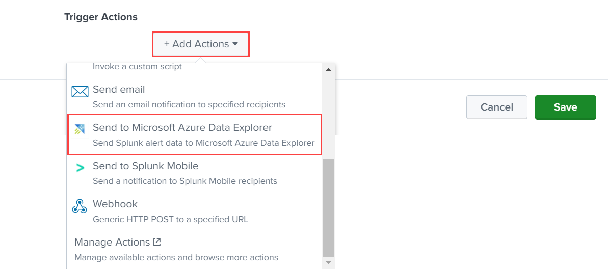 Screenshot della finestra di dialogo Crea avviso che mostra l'azione trigger del componente aggiuntivo di Azure Esplora dati.