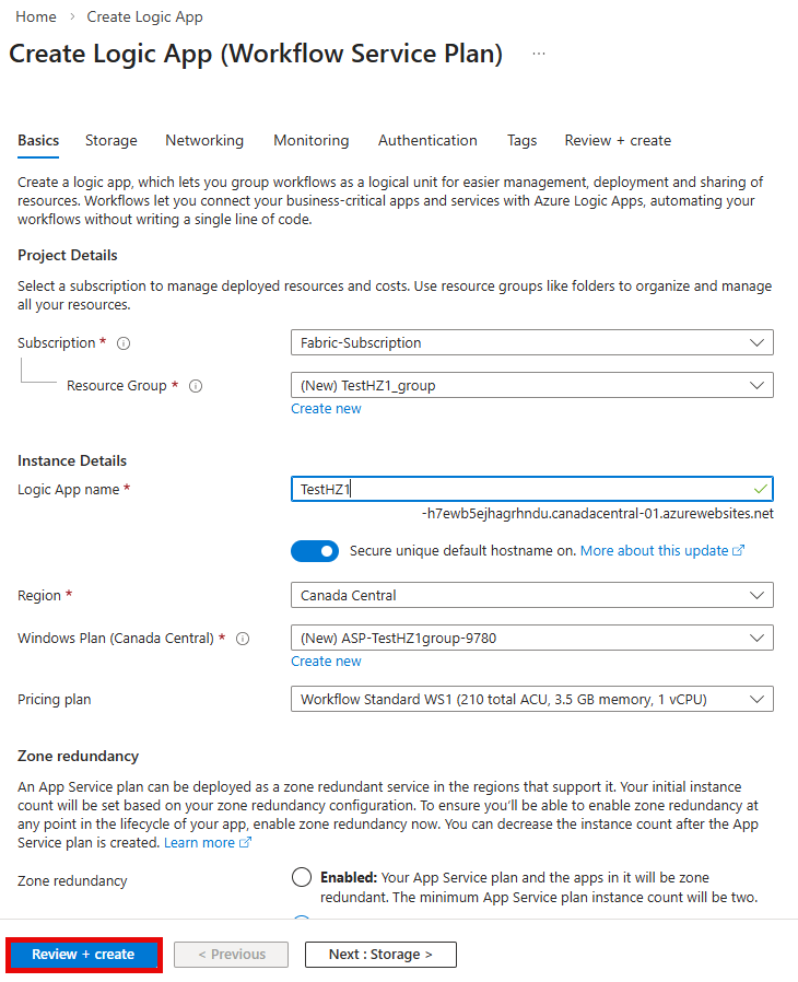 Screenshot della pagina Crea app per la logica, che mostra la scheda Informazioni di base compilata.