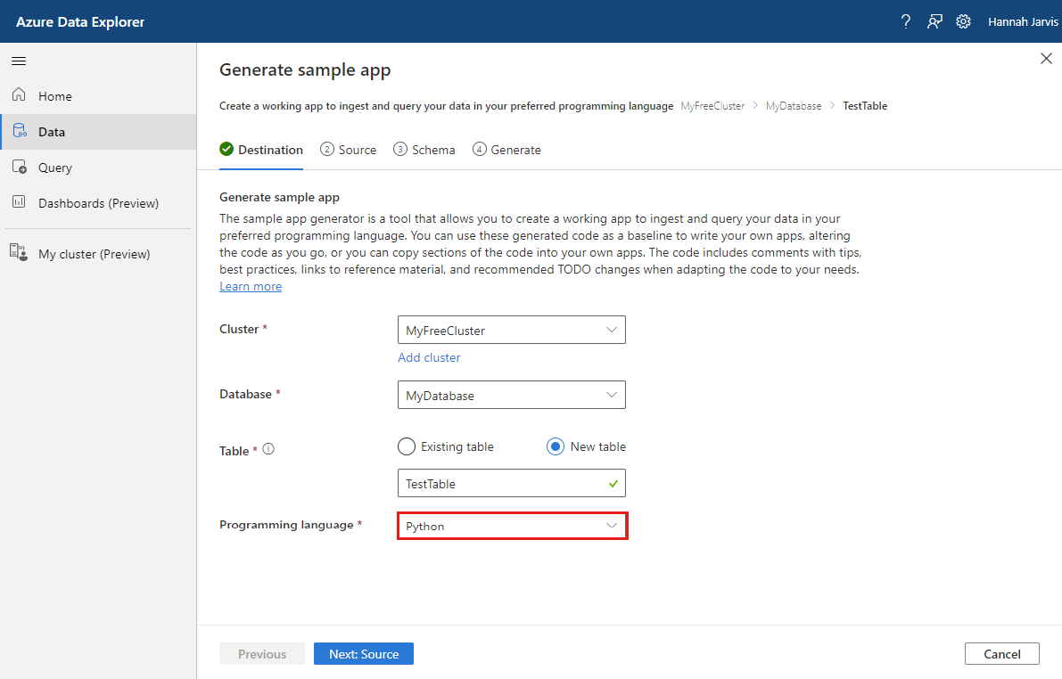 Screenshot dell'interfaccia utente Web di Azure Esplora dati che mostra la scheda Destinazione del generatore di app di esempio.