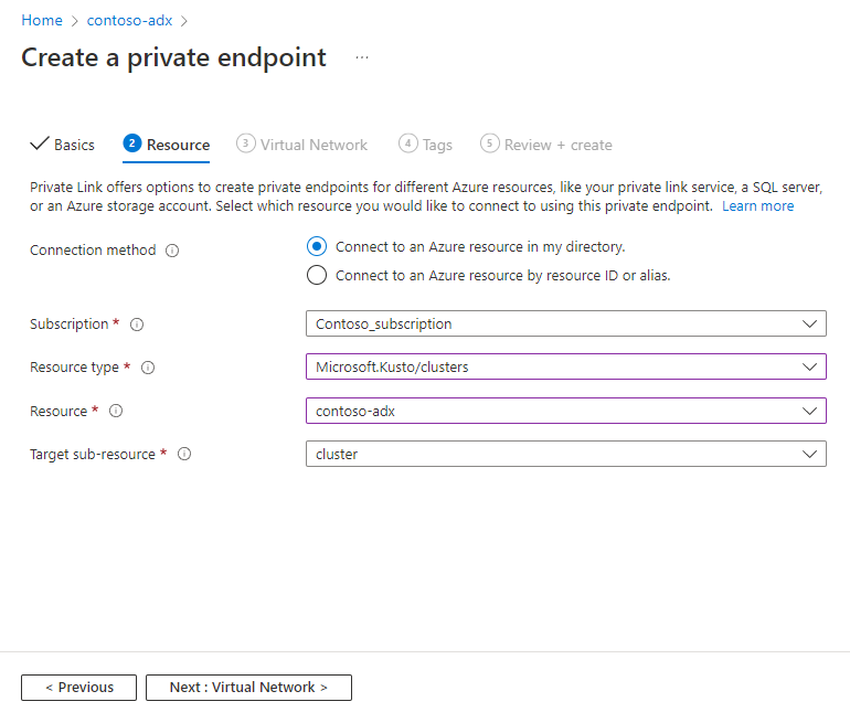 Screenshot della pagina di creazione dell'endpoint privato che illustra le informazioni sulle risorse.