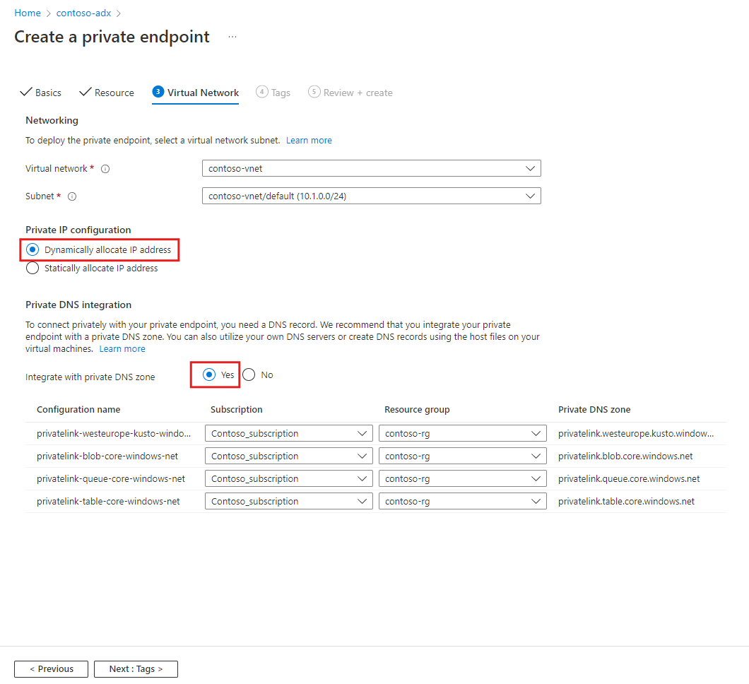 Screenshot della pagina Creazione di un endpoint privato che mostra la configurazione della rete virtuale.