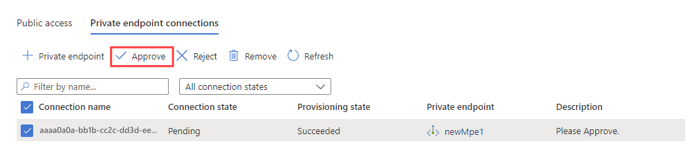 Screenshot della pagina di rete di networking, che mostra l'approvazione dell'endpoint privato gestito al servizio Event Hubs.