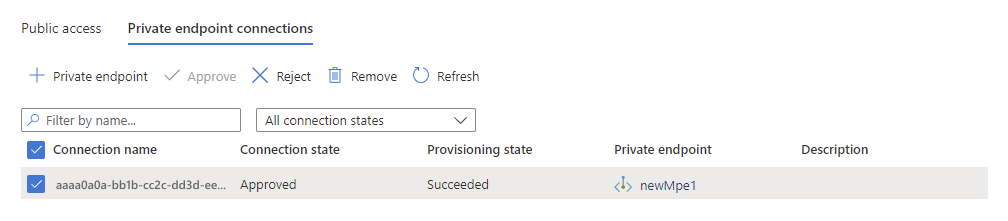 Screenshot della pagina di gestione della rete, che mostra l'endpoint privato gestito e approvato per il servizio Event Hubs.