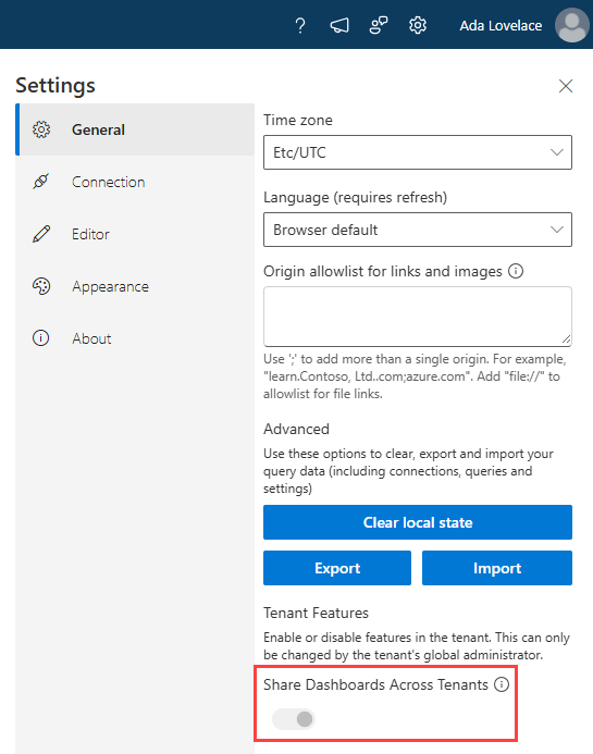 Screenshot dell'abilitazione della condivisione del dashboard nelle impostazioni.