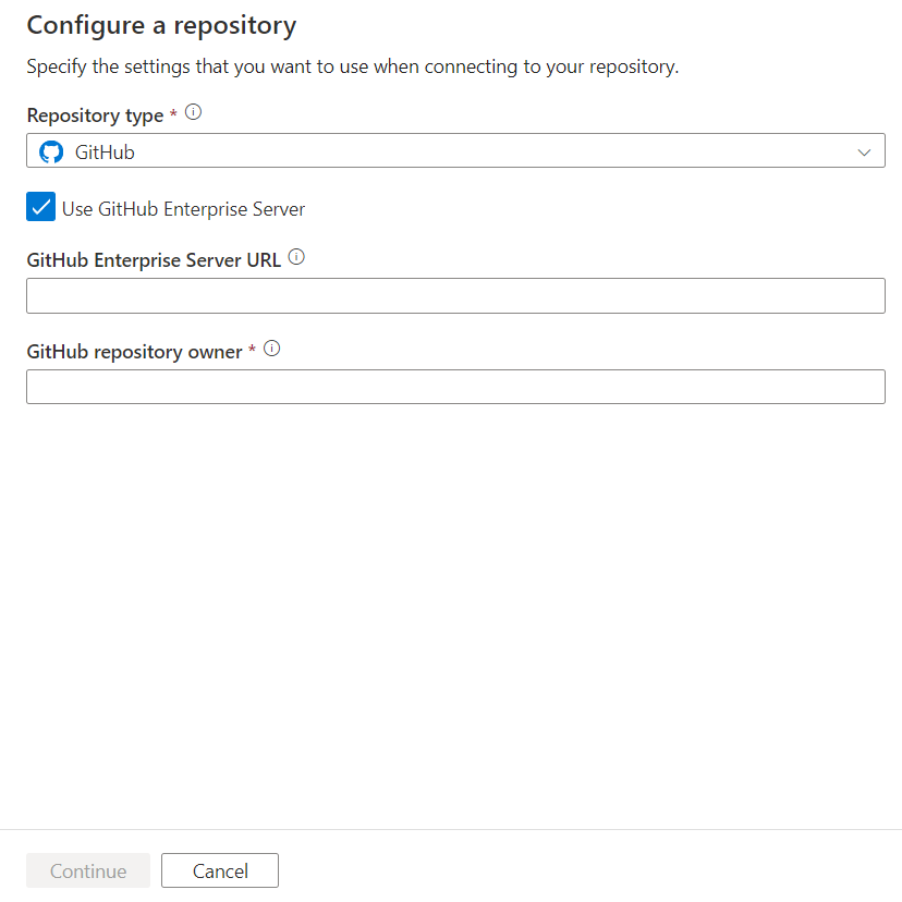 Screenshot che mostra la configurazione di un repository di GitHub utilizzando il pannello del server aziendale.