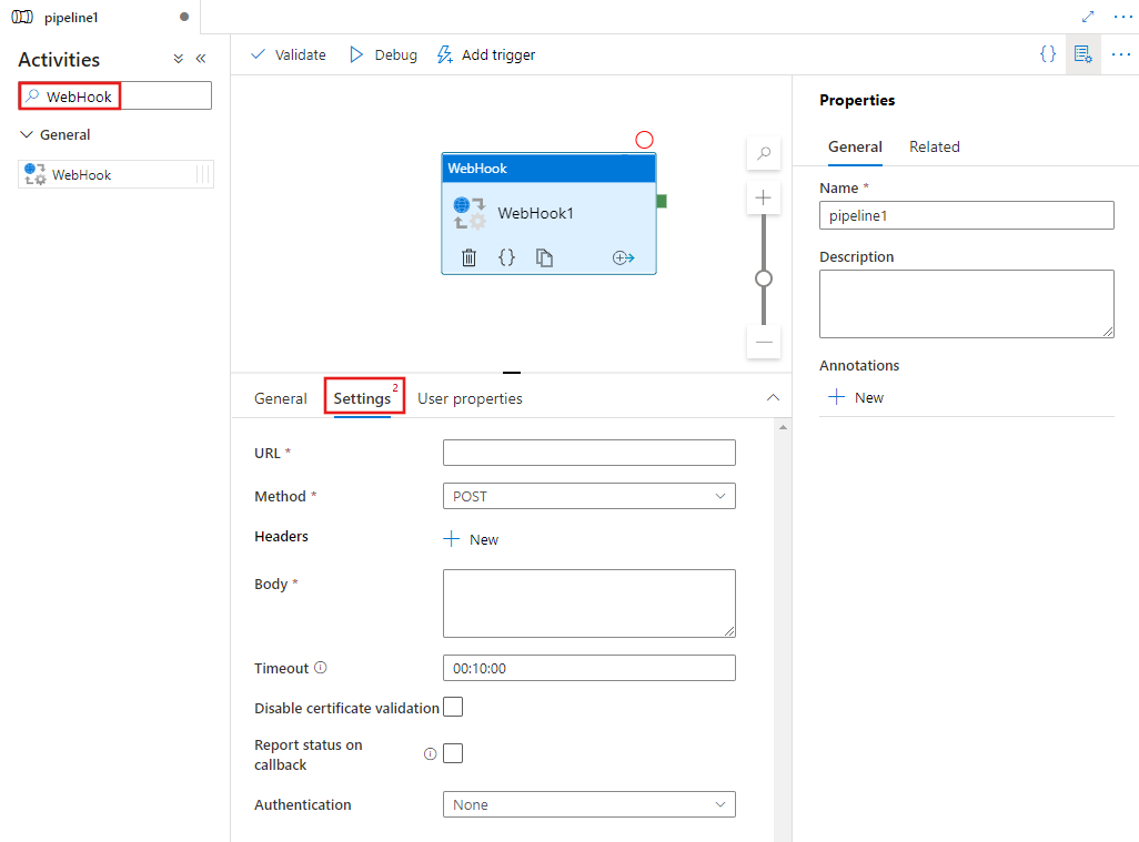 Mostra l'interfaccia utente per un'attività Webhook.