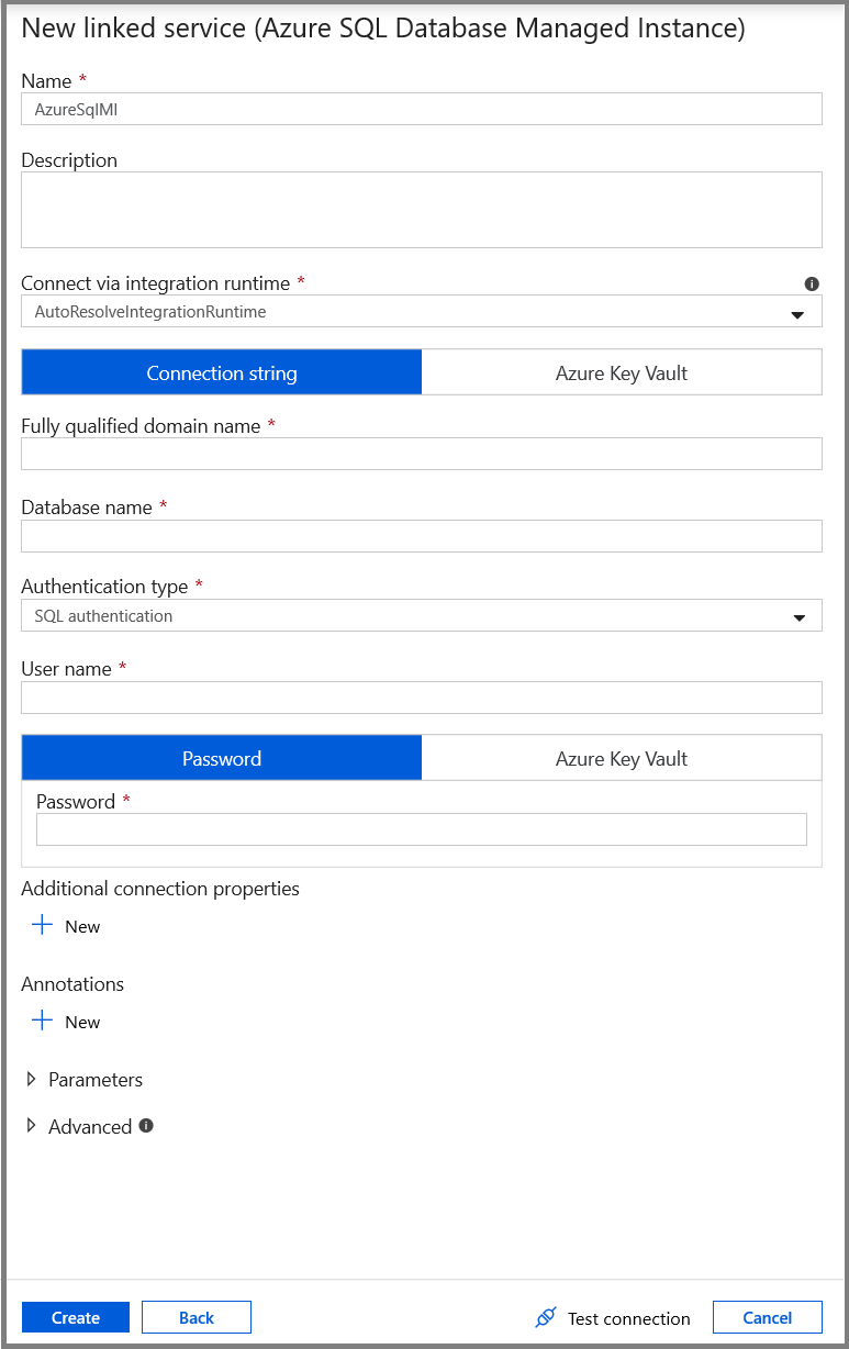Impostazioni del servizio collegato al database dell'istanza gestita di SQL di Azure