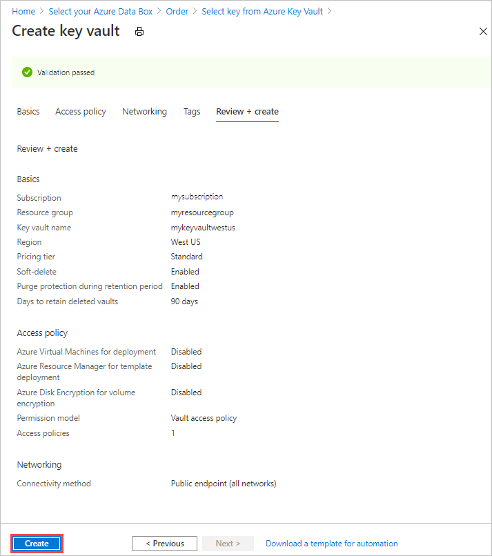 Screenshot della schermata di revisione del Nuovo insieme di credenziali delle chiavi di Azure nella scheda Sicurezza dell'ordine di esportazione di Data Box.