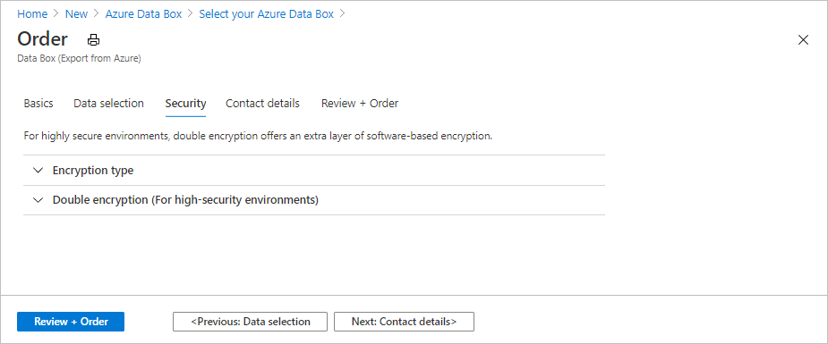 Schermata dei campi dati nella scheda Sicurezza per un ordine di esportazione di Data Box.