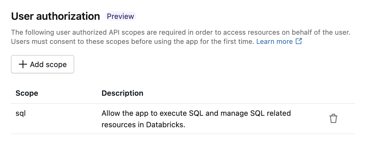 Aggiungere ambiti di autorizzazione utente a un'app Databricks