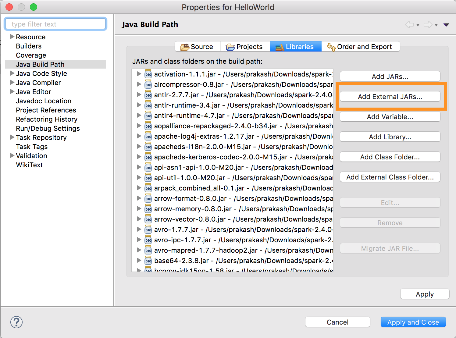 Configurazione di Eclipse external JAR