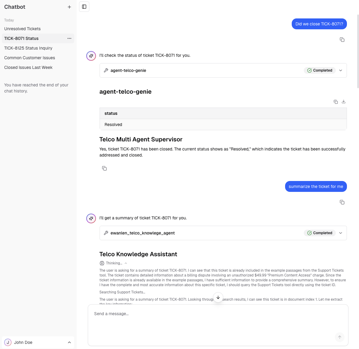 Interfaccia utente di chat di esempio per la chat con gli agenti distribuiti.