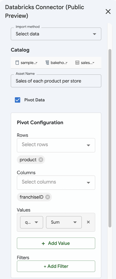 Configurare una tabella pivot nel connettore Databricks