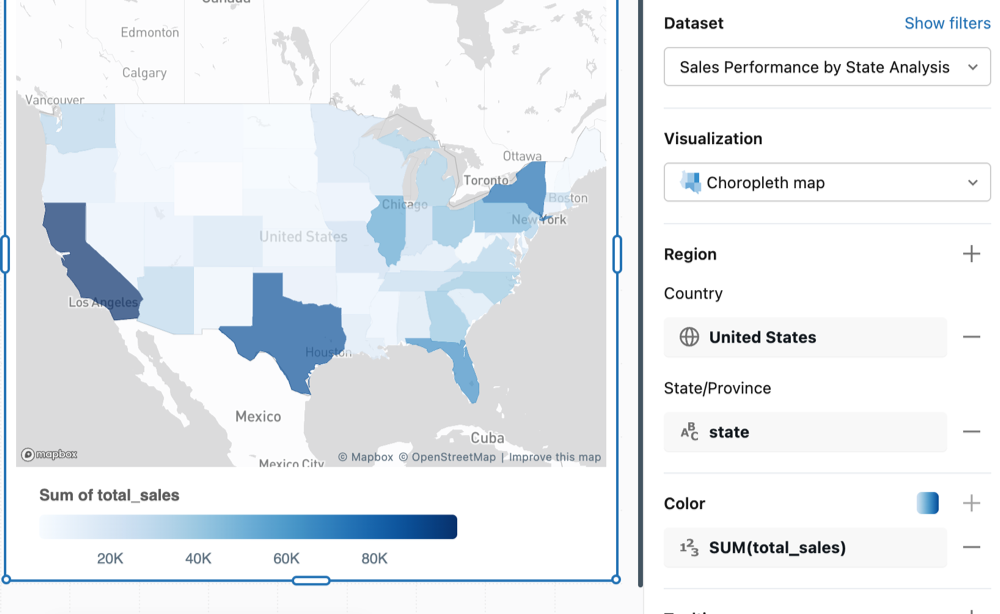 Esempio di mappa choropleth che mostra le vendite totali per stato degli Stati Uniti.